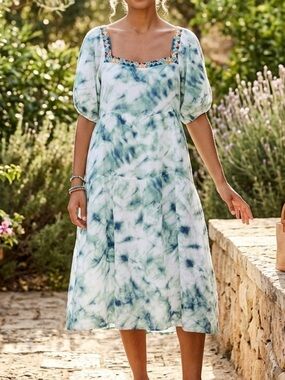 Johnny Was Jade Marble Puff Sleeve Boho Midi Dress SIZE LARGE